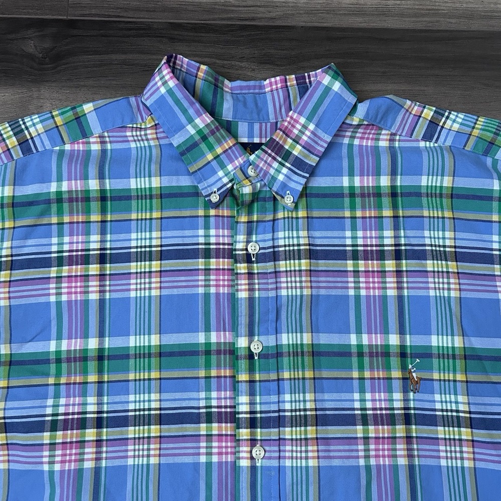 Polo Ralph Lauren Shirt Mens 2XB Blue Plaid Pony Casual Button Up Short Sleeve